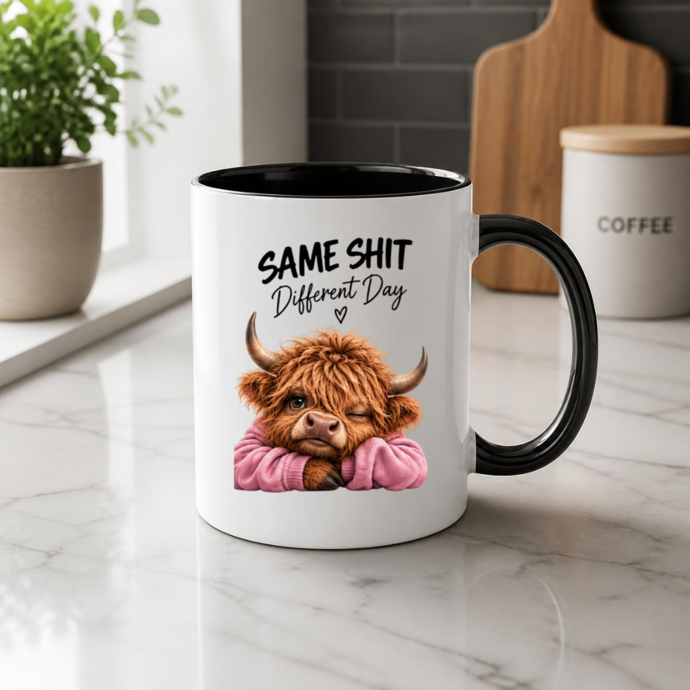 Sassy Highland Cow Mug "SAME SHIT Different Day" Graphic 325ml Ceramic Coffee Cup Highland Cow in Pink Jumper Winking Novelty Tea Cup | Funny Sarcastic Work Gift for Coworkers & Friends | Available in Multicolours | Fast Dispatch by UK Seller (M3137)