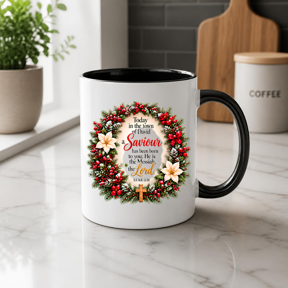 Religious Christmas Mug "Today In The Town Of David A Saviour Has Been Born To You" 325ml Ceramic Coffee Mug – Christian Christmas Scripture Mug with Luke 2:11, Wreath & Poinsettia | Religious Holiday Gift | Fast Dispatch by UK Seller (M3340)