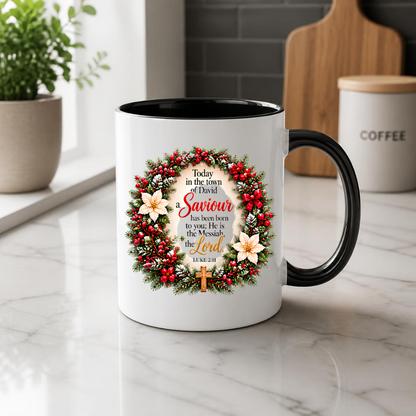 Religious Christmas Mug "Today In The Town Of David A Saviour Has Been Born To You" 325ml Ceramic Coffee Mug – Christian Christmas Scripture Mug with Luke 2:11, Wreath & Poinsettia | Religious Holiday Gift | Fast Dispatch by UK Seller (M3340)