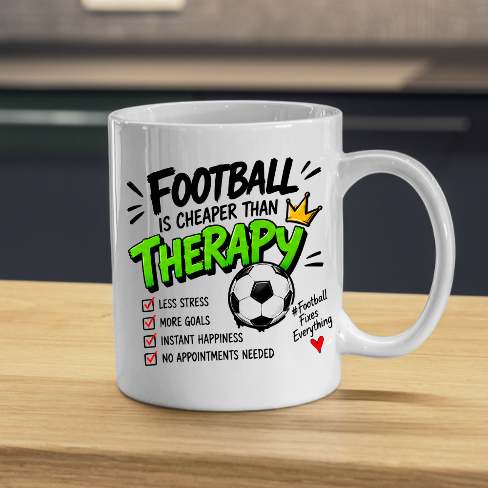 Football Mug "FOOTBALL IS CHEAPER THAN THERAPY" Crown Football 325ml Ceramic Coffee Mug Sporty Therapy Checklist Tea Cup with "#FootballFixesEverything" Graphic Gift | Available in Multicolours | Fast Dispatch by UK Seller (M3095)