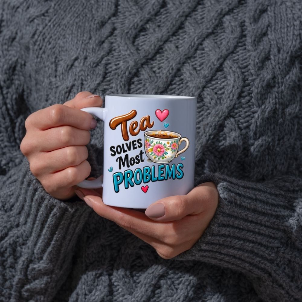 Humorous Mug "Tea Solves Most Problems" 325ml Ceramic Coffee Mug – Funny British Cuppa Tea Cup with Vintage Floral Teacup & Hearts Graphic Gift | Available in Multicolours | Fast Dispatch by UK Seller (M1314)