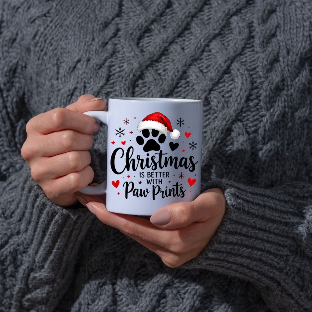 Festive Mug "Christmas is Better with Paw Prints" Santa Hat 325ml Ceramic Coffee Mug Cute Winter Holiday Tea Cup with Dog & Cat Paw, Hearts and Snowflakes | Available in Multicolours | Fast Dispatch by UK Seller (M1273)