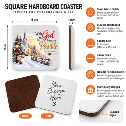Inspirational Religious Hardboard Coaster "With God All Things Are Possible" Graphic 9cm x 9cm Square Drinks Coaster "Snowy Winter Church Village with Illuminated Lantern & Sunset Novelty Mat | Christian Glossy Gift | Fast Dispatch by UK Seller (C3037)
