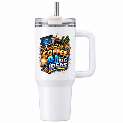 Funny Tech Travel Tumbler "Fueled by COFFEE AI and BIG IDEAS" Graphic 40oz Stainless Steel Travel Mug with Handle & Straw – Tech Laptop, Steaming Coffee Cup, RAM & Processor Chip Novelty Gift for Coders & Office | Fast Dispatch by UK Seller (T3049)