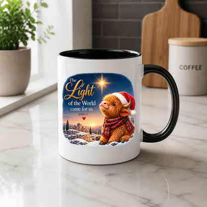 Christmas Mug "The Light Of The World Came For Us Highland Cow" John 1:5 325ml Ceramic Coffee Mug – Festive Highland Cow Mug With Santa Hat Star Of Bethlehem Christian Holiday Gift | Available in Multicolours | Fast Dispatch by UK Seller (M3308)