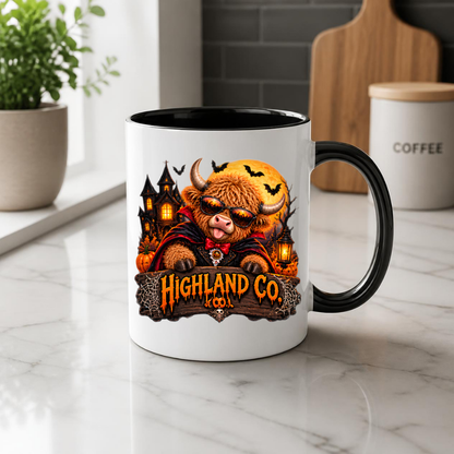 Halloween Mug "Vampire Costume Highland Co." Vampire Costume Highland Cow 325ml Ceramic Coffee Mug – Spooky Halloween Tea Cup with Dracula Cape Sunglasses Haunted House Graphic Gift | Available in Multicolours | Fast Dispatch by UK Seller (M3179)