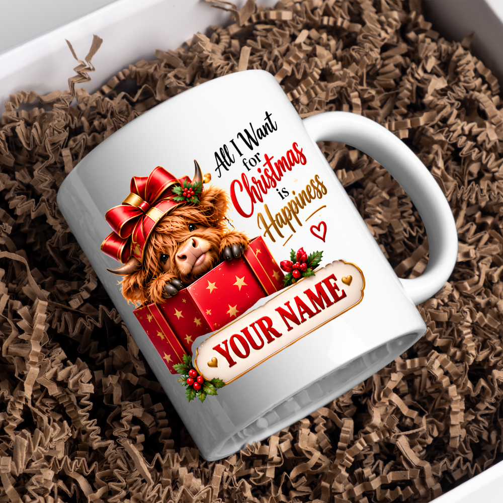 Personalised Christmas Mug "All I Want For Christmas Is Happiness" 325ml Ceramic Coffee Tea Cup – Gift Box Highland Cow, Red Bow, Custom Name & Festive Slogan Novelty Gift for Bestie, Women, Holiday – Fast Dispatch by UK Seller (M3518)