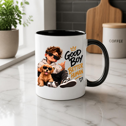 Dog Mug "Good Boy Better Human" 325ml Ceramic Coffee Tea Cup – Golden Retriever Puppy Graphic, Sunglasses & Slogan Novelty Gift for Dog Lovers, Teens, Birthday – Fast Dispatch by UK Seller (M3500)