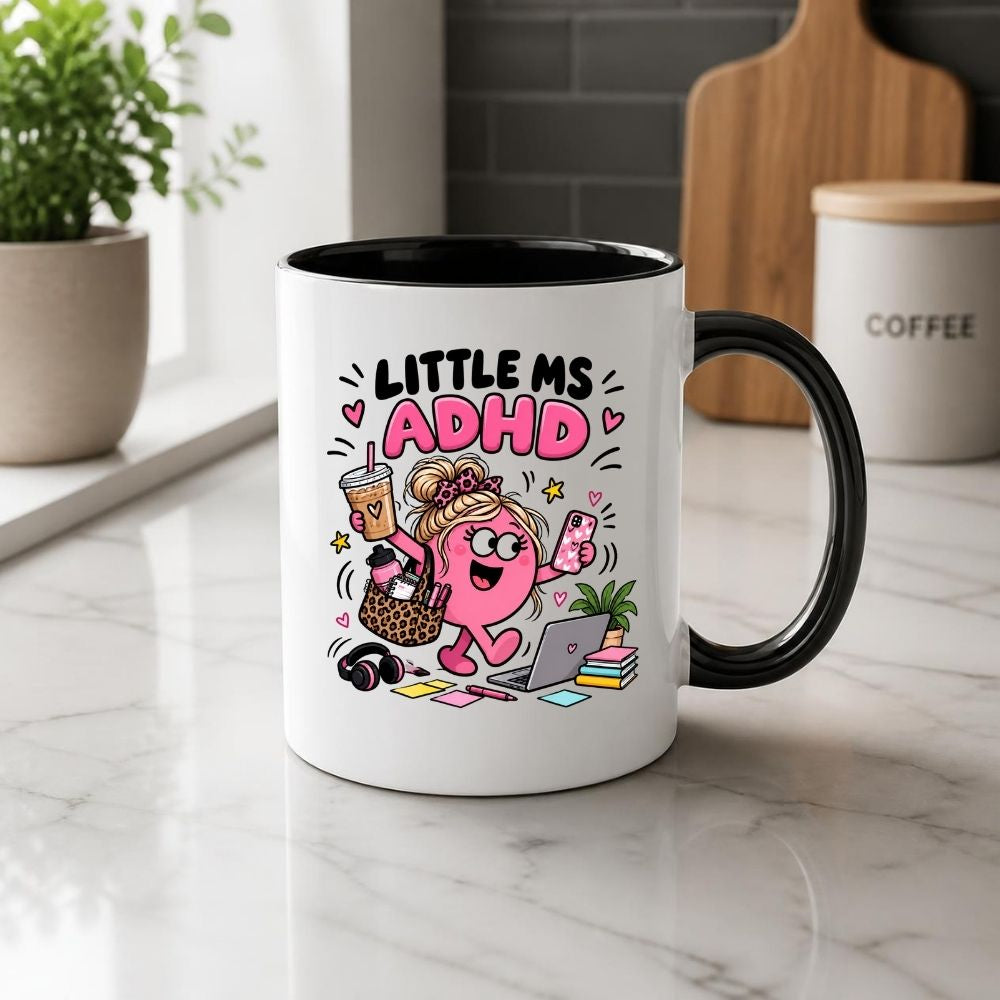 Cute Mug "Little Ms ADHD" Funny Neurodivergent Cartoon Coffee Cup 350ml, Pink Ceramic Novelty Mug, Relatable Busy Mind Multitasking Humour Gift for Her Mum Sister Girlfriend Best Friend, Birthday Christmas Secret Santa | Fast Dispatch by UK Seller (M1112)