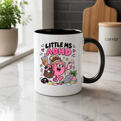 Cute Mug "Little Ms ADHD" Funny Neurodivergent Cartoon Coffee Cup 350ml, Pink Ceramic Novelty Mug, Relatable Busy Mind Multitasking Humour Gift for Her Mum Sister Girlfriend Best Friend, Birthday Christmas Secret Santa | Fast Dispatch by UK Seller (M1112)