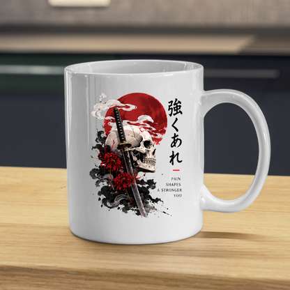 Inspirational Japanese Samurai Skull Mug "PAIN SHAPES A Stronger You" Katana & Red Sun 325ml Ceramic Coffee Mug – Aesthetic Resilience Tea Cup With Kanji Spider Lily Graphic Gift | Available in Multicolours | Fast Dispatch by UK Seller (M3047)