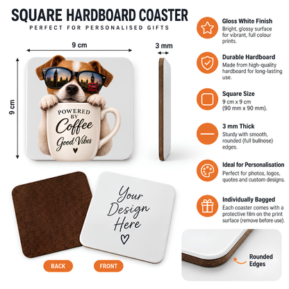 Cute London Dog Hardboard Coaster "Powered by Coffee & Good Vibes" Graphic 9cm x 9cm Square Drinks Coaster “ Cute Puppy in Sunglasses Reflecting Big Ben & Red Bus Cup Novelty Mat | Fun Glossy Gift for Dog Lovers | Fast Dispatch by UK Seller (C3005)