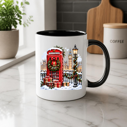London Christmas Telephone Box Mug "Winter in London" Christmas in London Telephone Box 325ml Ceramic Coffee Mug –Big Ben & Houses of Parliament Scene with Festive Wreath, Lamp Post & Gift Boxes | Holiday Souvenir Gift | Fast Dispatch by UK Seller (M3439)