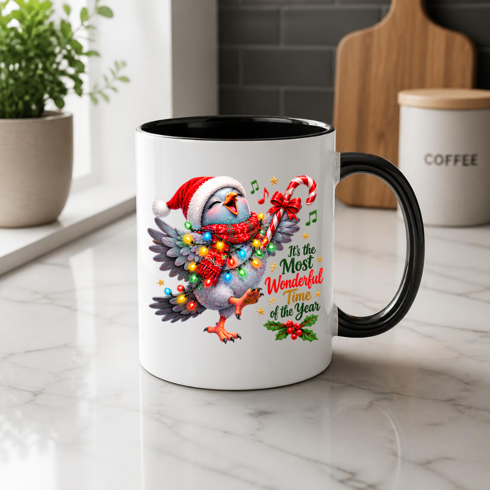 Holiday Mug "It's the Most Wonderful Time of the Year Bird" 325ml Ceramic Coffee Mug – Joyful Singing Christmas Bird Wrapped In Christmas Lights Scarf Festive Holiday Gift | Available in Multicolours | Fast Dispatch by UK Seller (M3268)