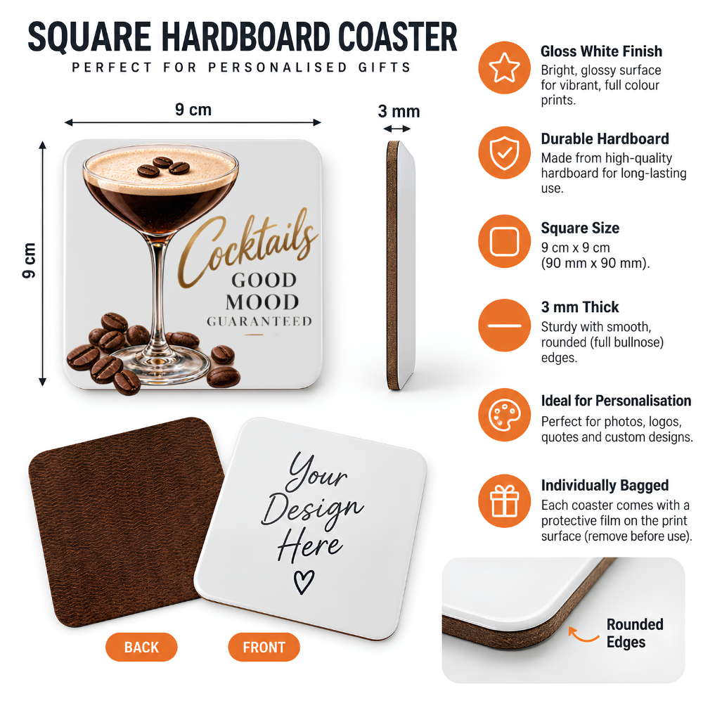 Stylish Espresso Martini Hardboard Coaster "Cocktails Good Mood Guaranteed" Graphic 9cm x 9cm Square Drinks Coaster – Espresso Martini Coupe Glass with Coffee Beans Novelty Mat | Elegant Glossy Gift for Cocktail Lovers | Fast Dispatch by UK Seller (C3011)