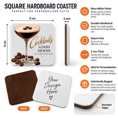 Stylish Espresso Martini Hardboard Coaster "Cocktails Good Mood Guaranteed" Graphic 9cm x 9cm Square Drinks Coaster – Espresso Martini Coupe Glass with Coffee Beans Novelty Mat | Elegant Glossy Gift for Cocktail Lovers | Fast Dispatch by UK Seller (C3011)