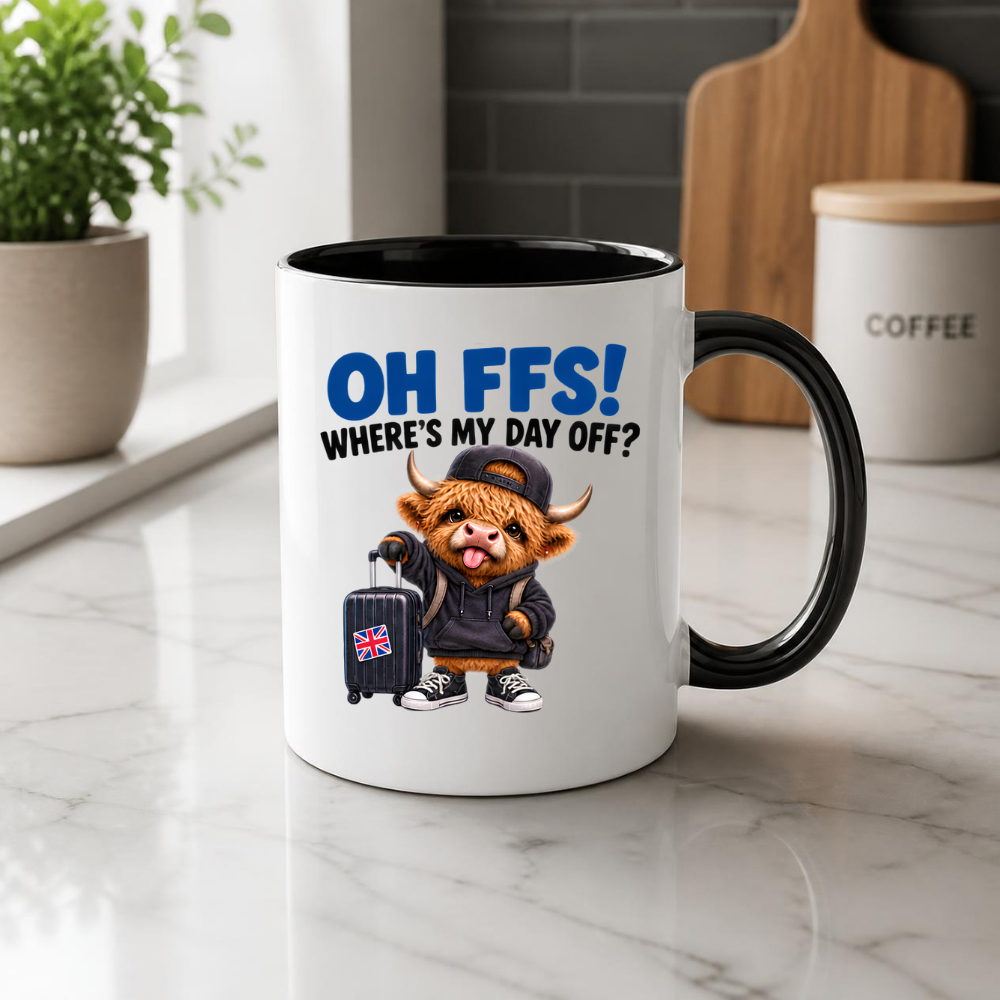 Highland Cow Day Off Mug "OH FFS! Where's My Day Off?" Oh Ffs! Where's My Day Off? 325ml Ceramic Coffee Mug – Cute Highland Cow in Hoodie & Cap with Union Jack Suitcase | Funny Work & Holiday Gift | Fast Dispatch by UK Seller (M3380)
