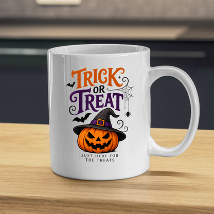 Halloween Mug "TRICK OR Treat Just Here For The Treats" Jack-o'-lantern 325ml Ceramic Coffee Mug – Festive Pumpkin Tea Cup with Witch Hat Spider Web Graphic Gift | Available in Multicolours | Fast Dispatch by UK Seller (M3071)