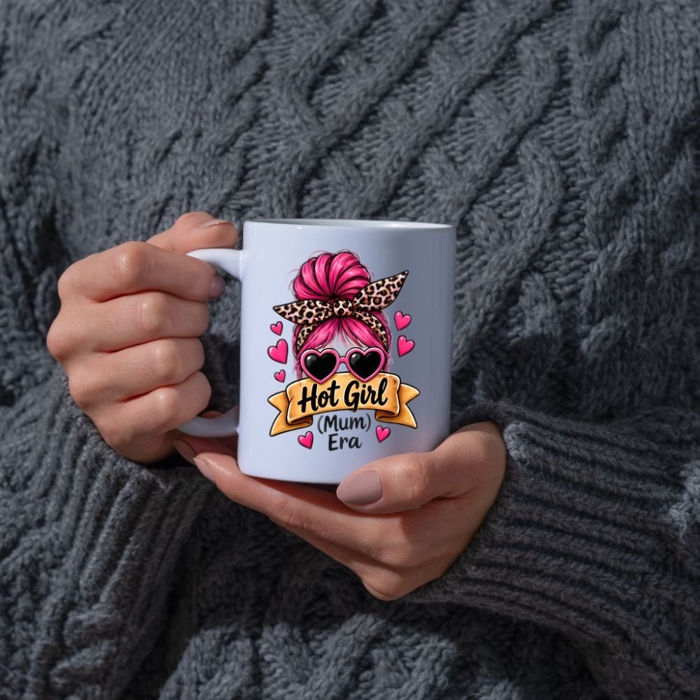 Sassy Mum Mug "Hot Girl (Mum) Era" 325ml Ceramic Coffee Mug Trendy Messy Bun Tea Cup with Leopard Bandana, Heart Sunglasses & Hearts Gift | Available in Multicolours | Fast Dispatch by UK Seller (M1306)