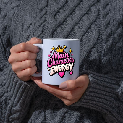 Sassy Mug "Main Character Energy" 325ml Ceramic Coffee Mug Cute Bold Typography Tea Cup with Gold Crown, Sparkles & Pink Hearts Gift | Available in Multicolours | Fast Dispatch by UK Seller (M1299)
