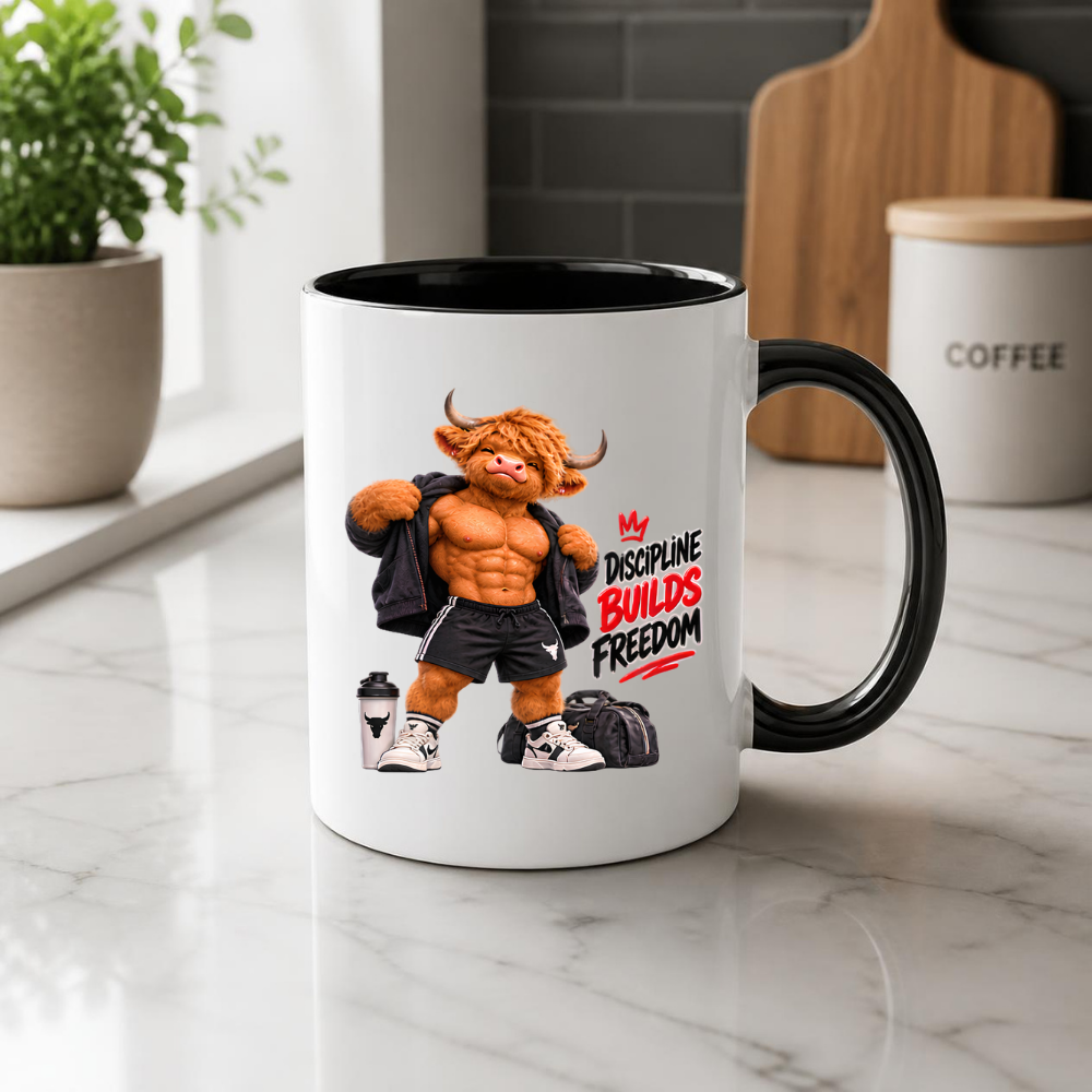 Gym Mug "Discipline Builds Freedom Muscular Highland Cow" Discipline Builds Freedom 325ml Ceramic Coffee Mug – Muscular Highland Cow Showing Six Pack Abs Open Zip Jacket Gym Fitness Gift | Available in Multicolours | Fast Dispatch by UK Seller (M3274)
