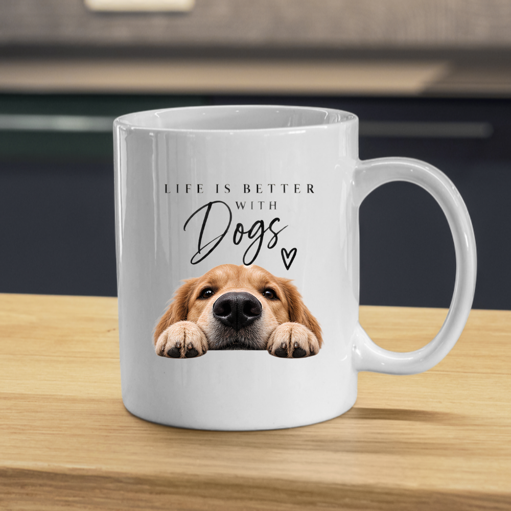 Dog Lover Mug "LIFE IS BETTER WITH Dogs" Golden Retriever 325ml Ceramic Coffee Mug Cute Puppy Tea Cup with Peeking Dog & Paw Graphic Gift | Available in Multicolours | Fast Dispatch by UK Seller (M3009)