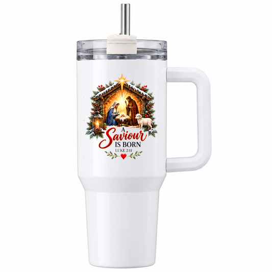 Inspirational Religious Christmas Travel Tumbler "A Saviour Is Born" Graphic 40oz Stainless Steel Insulated Travel Mug with Handle & Straw – Nativity Scene with Baby Jesus, Mary, Joseph & Sheep Novelty Travel Cup | Fast Dispatch by UK Seller (T3013)