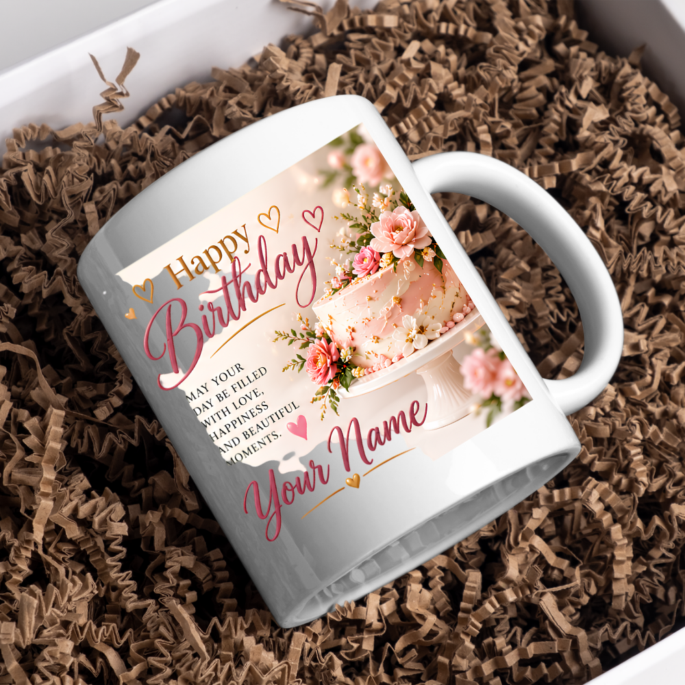 Personalised Birthday Mug "Happy Birthday" 325ml Ceramic Coffee Tea Cup – Pink Frosted Cake, Floral Decor, Custom Name & Love Wish Slogan Novelty Gift for Women, Bestie, Birthday – Fast Dispatch by UK Seller (M3512)
