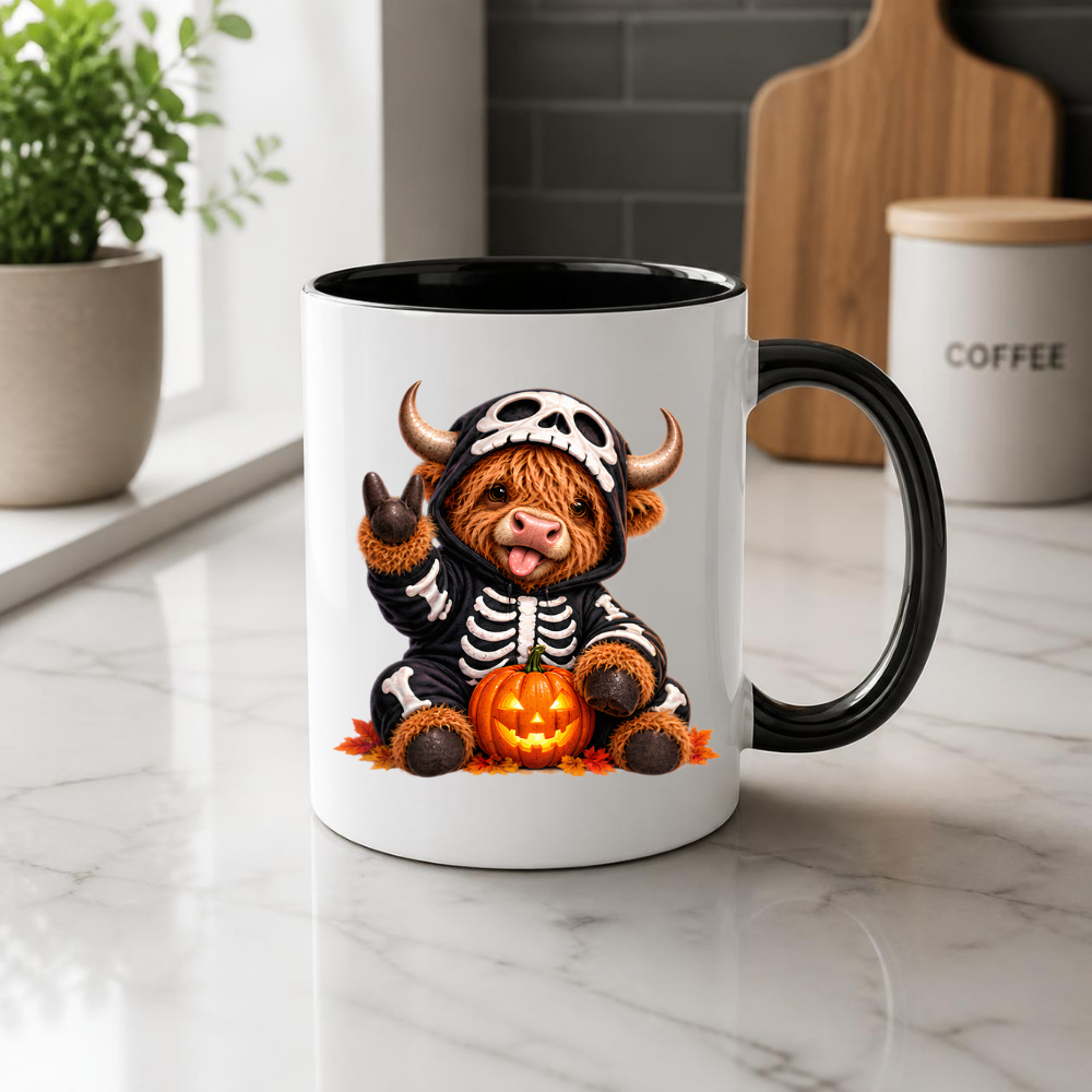 Spooky Mug "Skeleton Costume Highland Cow" Skeleton Highland Cow 325ml Ceramic Coffee Mug Cute Halloween Onesie Tea Cup with Pumpkin Graphic Gift | Available in Multicolours | Fast Dispatch by UK Seller (M3163)