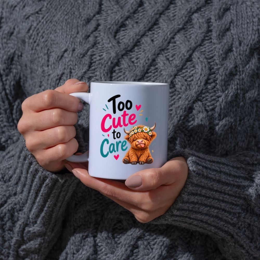 Sassy Mug "Too Cute to Care" Highland Cow 325ml Ceramic Coffee Mug Cute Animal Tea Cup with Daisy Flower Crown & Cheeky Calf Gift | Available in Multicolours | Fast Dispatch by UK Seller (M1285)