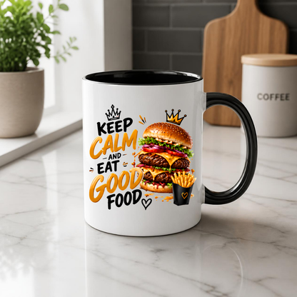 Burger Mug "Keep Calm And Eat Good Food" 325ml Ceramic Coffee Tea Cup – Double Cheeseburger, Fries & Slogan Novelty Gift for Foodies, Fast Food Lovers, Birthday – Fast Dispatch by UK Seller (M3506)
