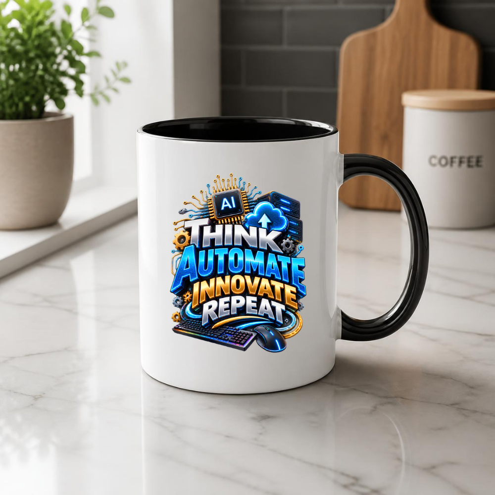 Tech Mug "Think Automate Innovate Repeat" Think Automate Innovate Repeat 325ml Ceramic Coffee Mug – Tech Developer Mug with AI Processor, Cloud, Keyboard & Mouse | IT Programmer Gift | Fast Dispatch by UK Seller (M3326)