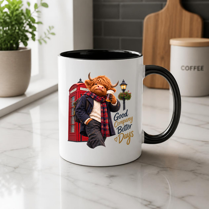 London Mug "Good Company Better Days British Highland Cow" Good Company Better Days 325ml Ceramic Coffee Mug – Cozy Highland Cow with Pint Of Beer By Red Phone Box Lamp Post British Gift | Available in Multicolours | Fast Dispatch by UK Seller (M3286)