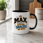 Personalized Name Mug "Max Currently Accepting Snacks Not Advice" Max Currently Accepting Snacks 325ml Ceramic Coffee Mug – Custom Name Varsity Typography Slogan with Golden Crown & Brushstroke Highlights | Funny Gift | Fast Dispatch by UK Seller (M3444)