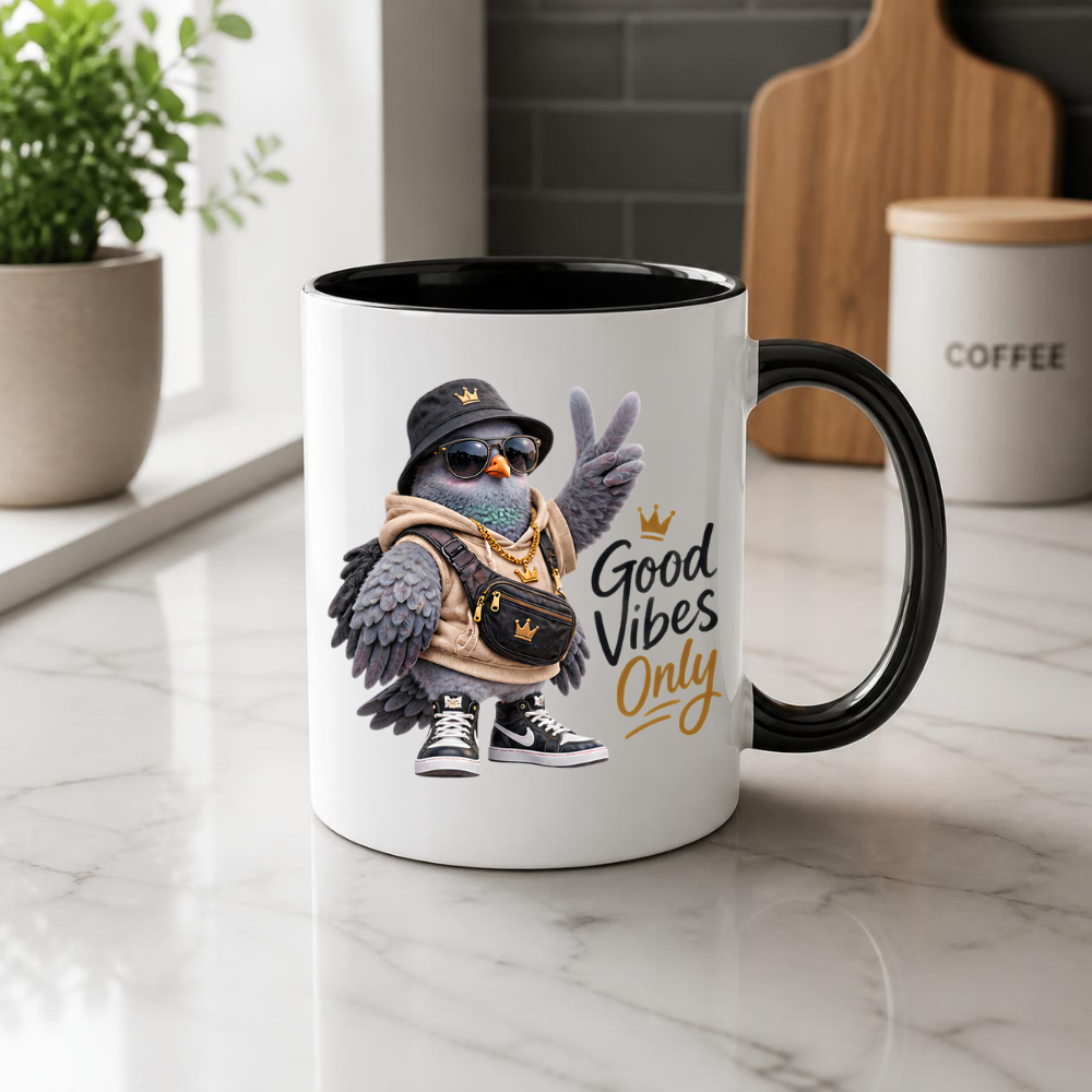 Good Vibes Mug "Good Vibes Only Cool Pigeon" 325ml Ceramic Mug – Cool Pigeon in Bucket Hat, Gold Chain, Crossbody Bag High Top Sneakers Funny Streetwear Bird Mug Gift For Friends Coworkers | Available in Multicolours | Fast Dispatch by UK Seller (M3237)
