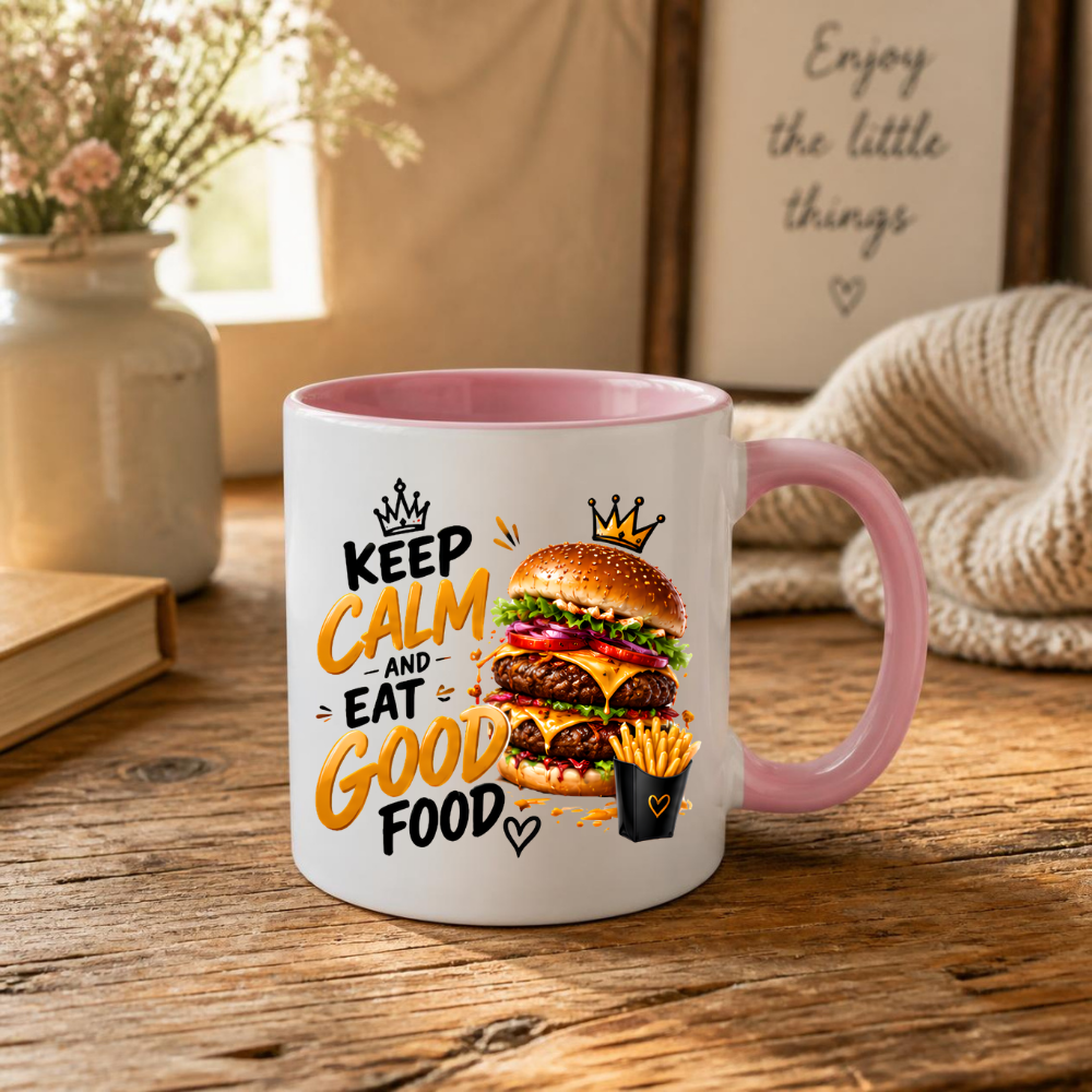 Burger Mug "Keep Calm And Eat Good Food" 325ml Ceramic Coffee Tea Cup – Double Cheeseburger, Fries & Slogan Novelty Gift for Foodies, Fast Food Lovers, Birthday – Fast Dispatch by UK Seller (M3506)