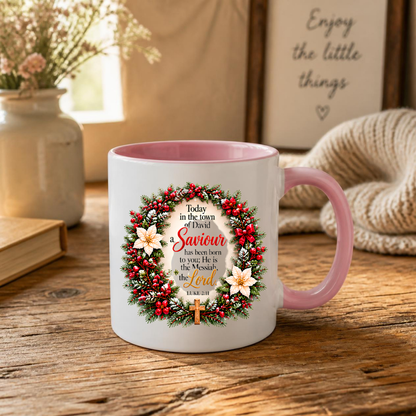 Religious Christmas Mug "Today In The Town Of David A Saviour Has Been Born To You" 325ml Ceramic Coffee Mug – Christian Christmas Scripture Mug with Luke 2:11, Wreath & Poinsettia | Religious Holiday Gift | Fast Dispatch by UK Seller (M3340)