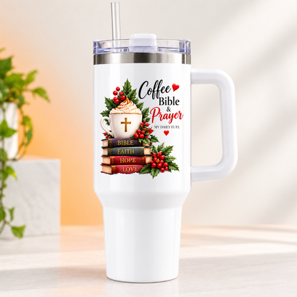 Inspirational Religious Travel Tumbler "Coffee Bible & Prayer My Daily Fuel" Graphic 40oz Stainless Steel Insulated Travel Mug with Handle & Straw – Coffee Mug with Cross, Books & Holly Berries Novelty Travel Cup | Fast Dispatch by UK Seller (T3014)