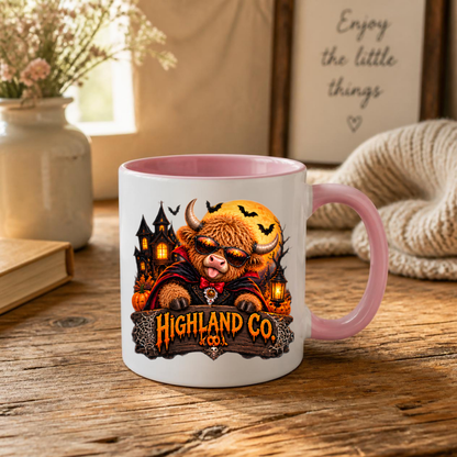 Halloween Mug "Vampire Costume Highland Co." Vampire Costume Highland Cow 325ml Ceramic Coffee Mug – Spooky Halloween Tea Cup with Dracula Cape Sunglasses Haunted House Graphic Gift | Available in Multicolours | Fast Dispatch by UK Seller (M3179)