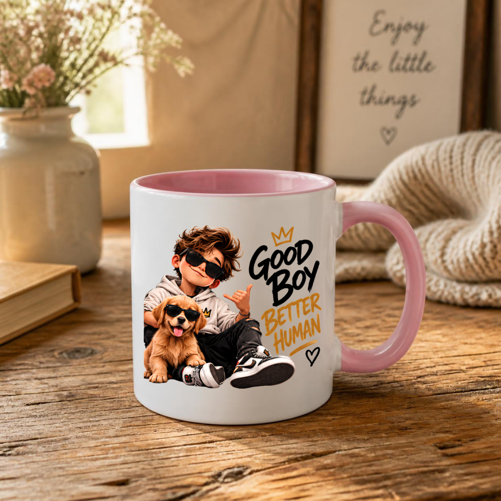 Dog Mug "Good Boy Better Human" 325ml Ceramic Coffee Tea Cup – Golden Retriever Puppy Graphic, Sunglasses & Slogan Novelty Gift for Dog Lovers, Teens, Birthday – Fast Dispatch by UK Seller (M3500)