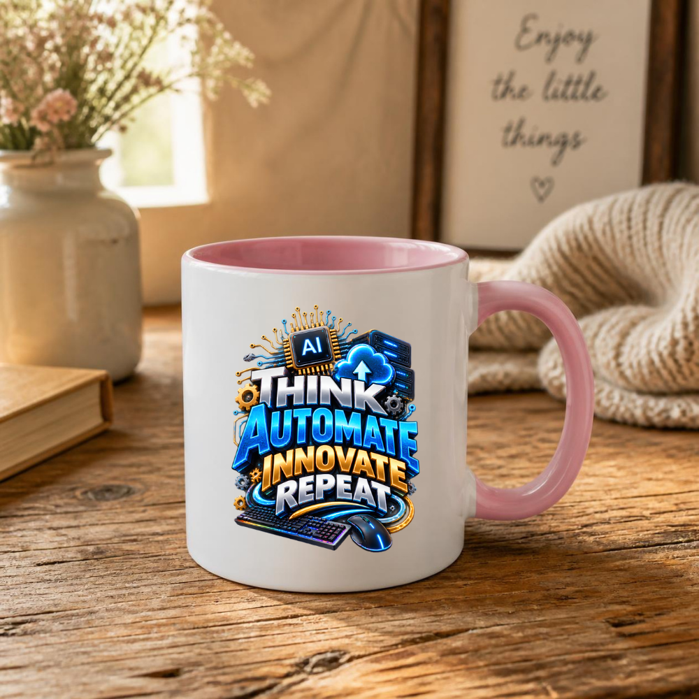 Tech Mug "Think Automate Innovate Repeat" Think Automate Innovate Repeat 325ml Ceramic Coffee Mug – Tech Developer Mug with AI Processor, Cloud, Keyboard & Mouse | IT Programmer Gift | Fast Dispatch by UK Seller (M3326)