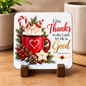Inspirational Religious Hardboard Coaster "Give Thanks To The Lord For He Is Good" Graphic 9cm x 9cm Square Drinks Coaster â€“ Red Mug with Marshmallows, Candy Cane & Star Cookie Novelty Mat | Christian Glossy Gift | Fast Dispatch by UK Seller (C3038)