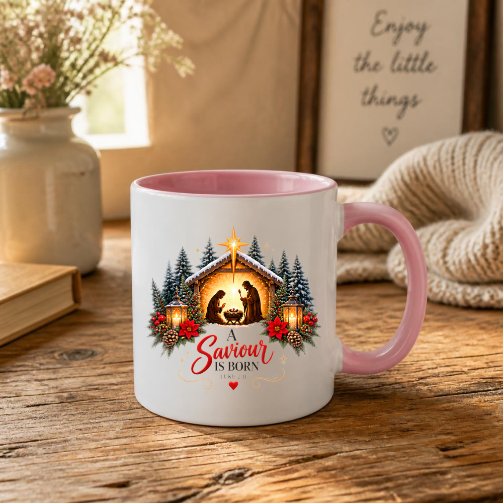 Christmas Mug "A Saviour Is Born Luke 2:11" A Saviour Is Born 325ml Ceramic Coffee Mug – Festive Nativity Scene Mug with Star of Bethlehem Poinsettia Holiday Gift | Available in Multicolours | Fast Dispatch by UK Seller (M3320)
