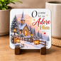 Inspirational Religious Hardboard Coaster "O Come Let Us Adore Him" Graphic 9cm x 9cm Square Drinks Coaster “Winter Church Village with Illuminated Lanterns & Sunset Sky Novelty Mat | Christian Glossy Gift | Fast Dispatch by UK Seller (C3044)