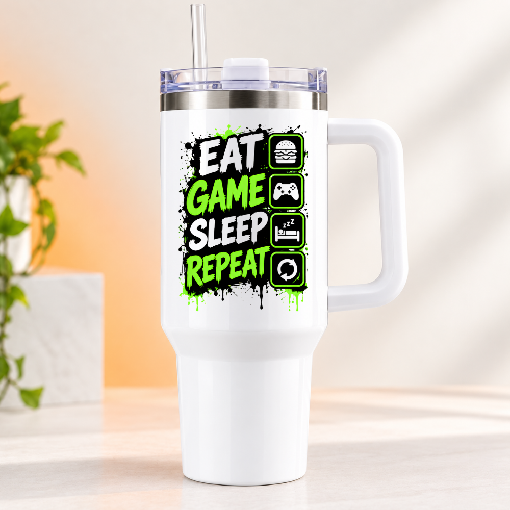 Funny Gaming Travel Tumbler "Eat Game Sleep Repeat" Graphic 40oz Stainless Steel Insulated Travel Mug with Handle & Straw – Green & Black Paint Splatter, Activity Icons Novelty Gift for Gamers | Fast Dispatch by UK Seller (T3066)