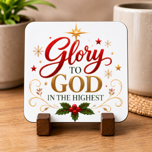 Inspirational Religious Hardboard Coaster "Glory To God In The Highest" Graphic 9cm x 9cm Square Drinks Coaster Red Cursive & Gold Typogra