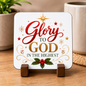 Inspirational Religious Hardboard Coaster "Glory To God In The Highest" Graphic 9cm x 9cm Square Drinks Coaster Red Cursive & Gold Typogra