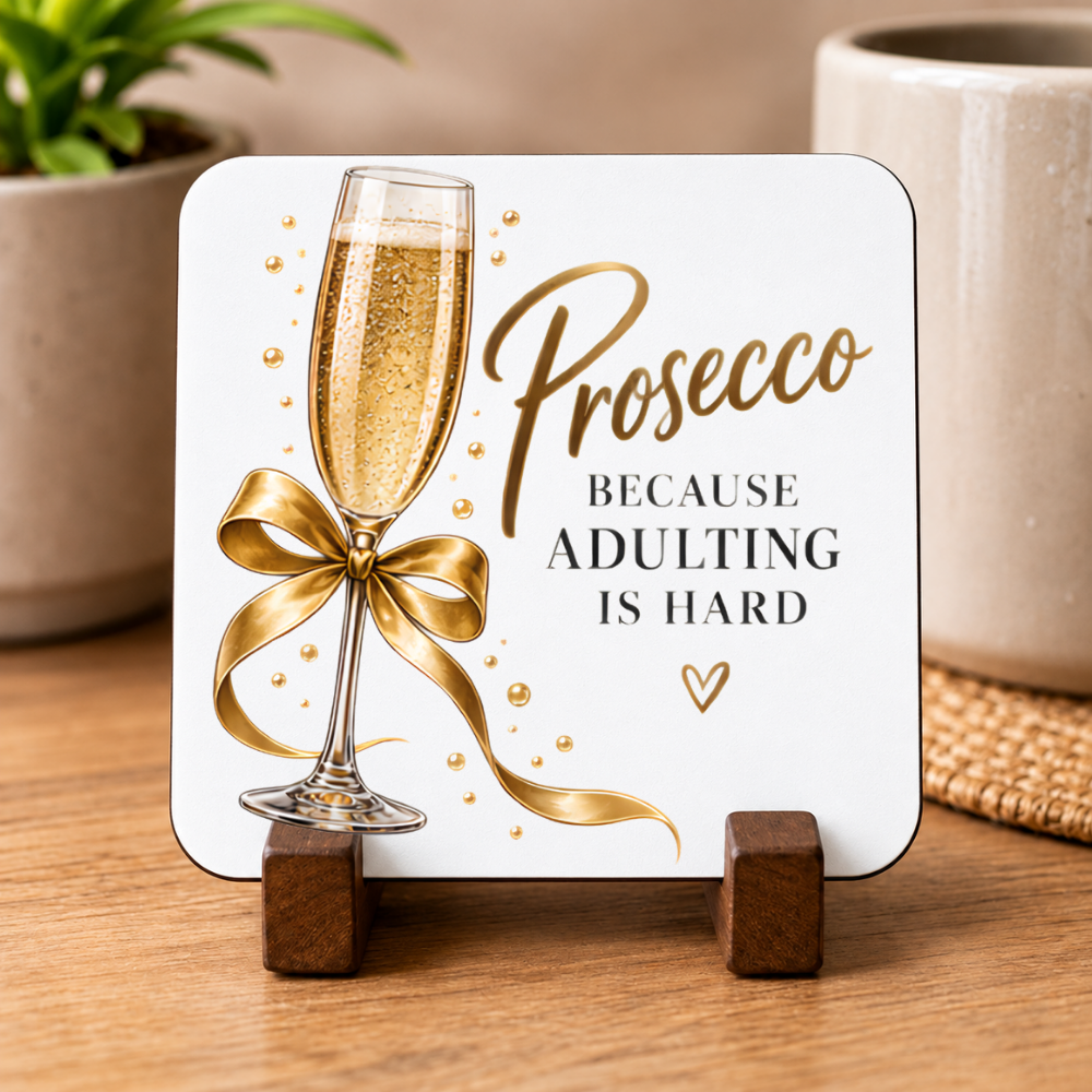 Glamorous Prosecco Hardboard Coaster "Prosecco Because Adulting is Hard" Graphic 9cm x 9cm Square Drinks Coaster – Champagne Flute with Gold Satin Ribbon & Sparkles Novelty Mat | Elegant Glossy Gift for Prosecco Lovers | Fast Dispatch by UK Seller (C3012)
