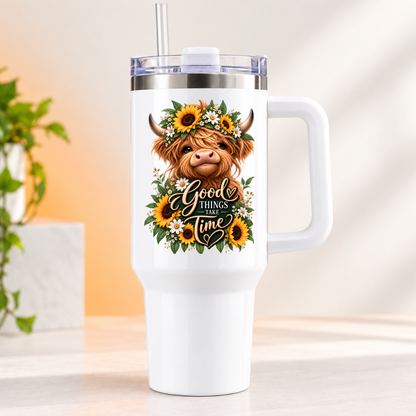 Floral Sunflower Highland Cow Travel Tumbler "Good Things Take Time" Graphic 40oz Stainless Steel Insulated Travel Mug with Handle & Straw – Highland Cow in Sunflower Crown & Botanical Wreath Novelty Travel Cup | Fast Dispatch by UK Seller (T3033)