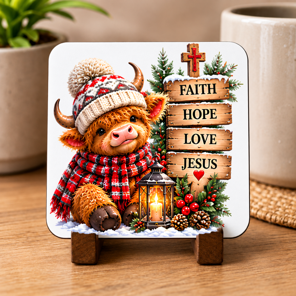 Inspirational Religious Highland Cow Hardboard Coaster "Faith Hope Love Jesus" Graphic 9cm x 9cm Square Drinks Coaster “ Cute Calf in Bobble